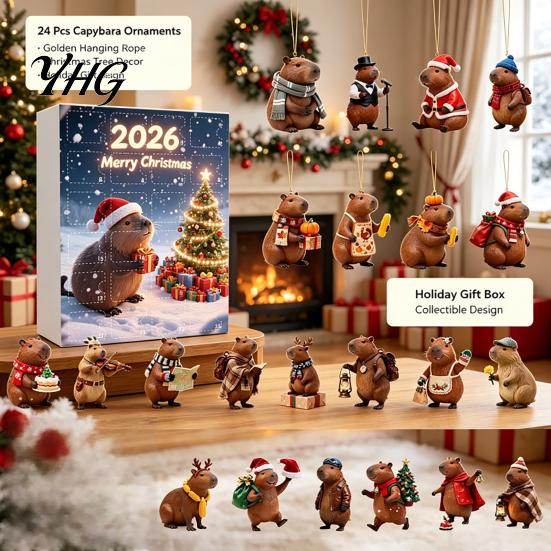 Holiday Countdown Gift Box Advent Calendar with 24 Animal Hanging Decors, Day Decors for Christmas Thanksgiving, Acrylic Ornament Pendants