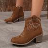 Embroidery Coarse Heel Leather Short Boots Women's Embroidery Round Head Side Zipper Middle Heel Martin Boots