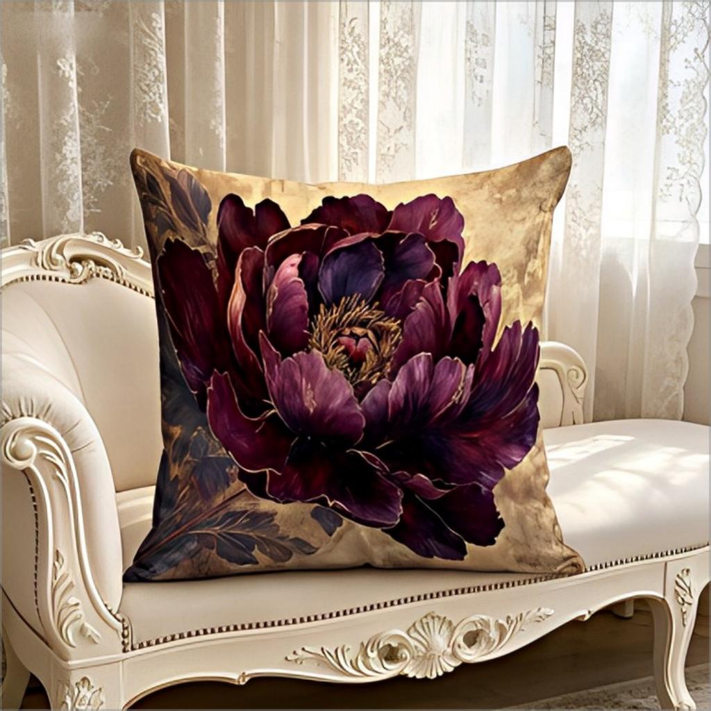 Luxury Vintage Dark Purple Peony Throw Pillow Cover Boho Floral Botanical Print Decorative Cushion Case For Sofa Home Decor Gift