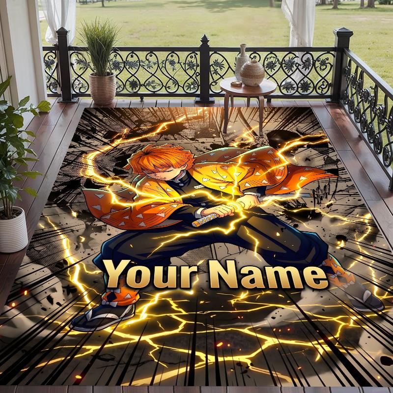Custom Name Zenitsu Agatsuma Crystal Velvet Floor Rug Personalized Text Soft Carpet Home Decor