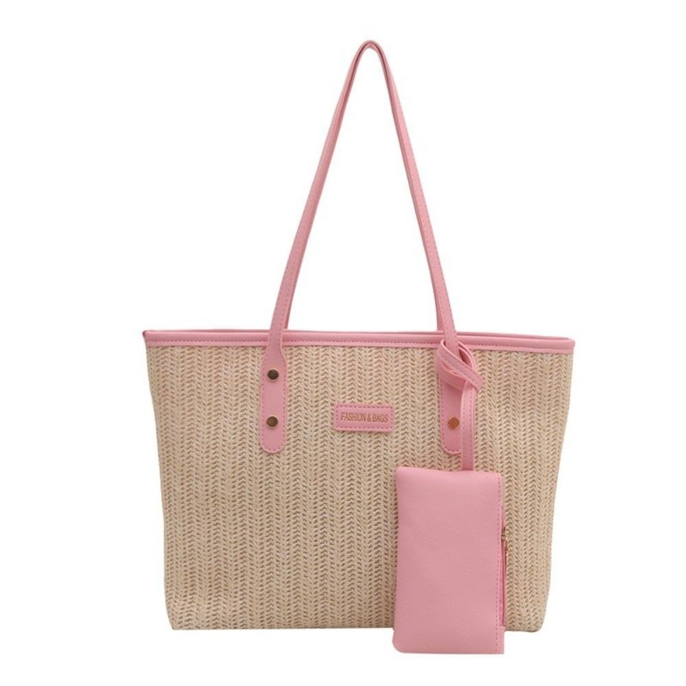 PU Weave Tote Bag Solid Color Beach Straw Handbag Simple Straw Shoulder Bag Women