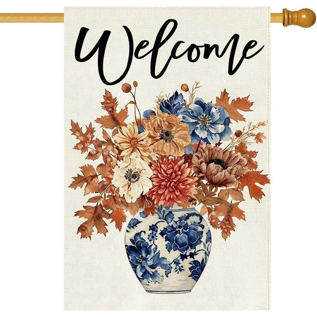 Fall Floral Welcome House Flag Double Sided, Blue And White Porcelain Outdoor Seasonal Thanksgiving Day Autumn Maple Leaf Garden Flags Home Yard Porc