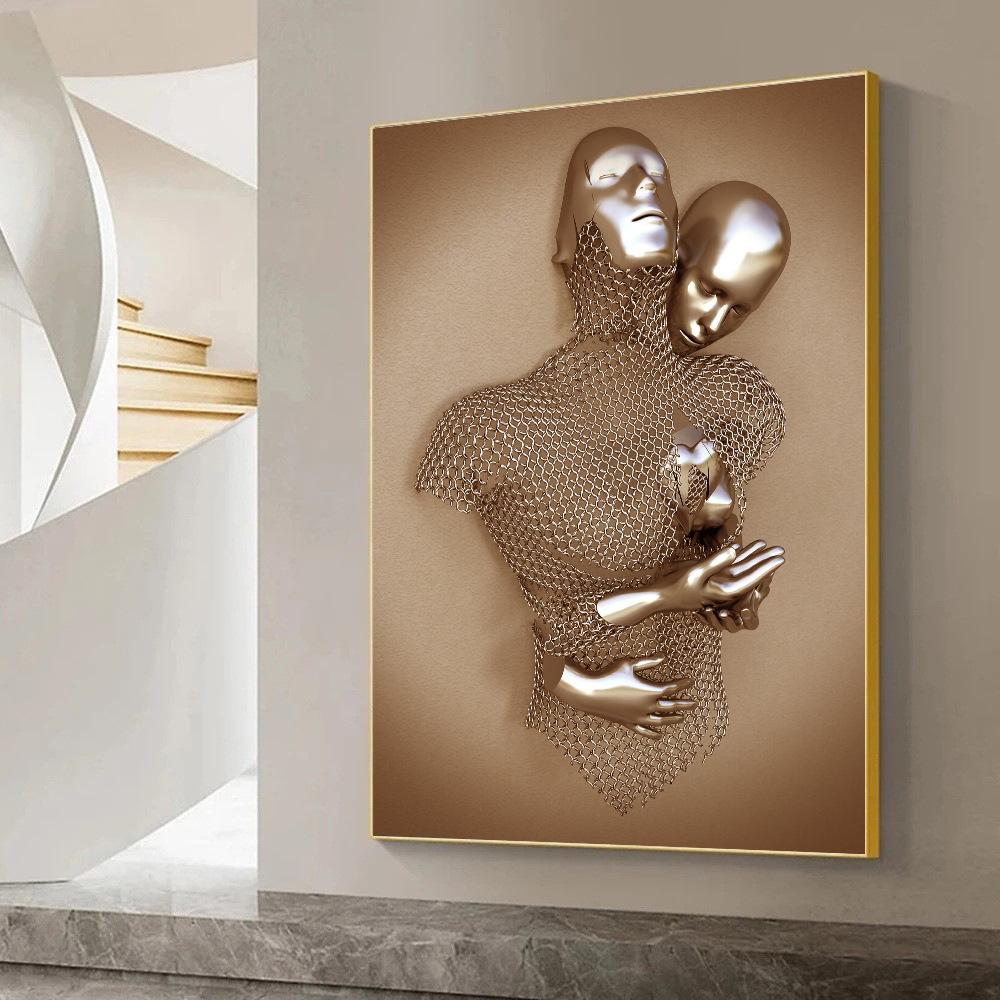 Современное абстрактное романтическое настенное искусство на холсте с 3D металлическими фигурами для декора гостиной