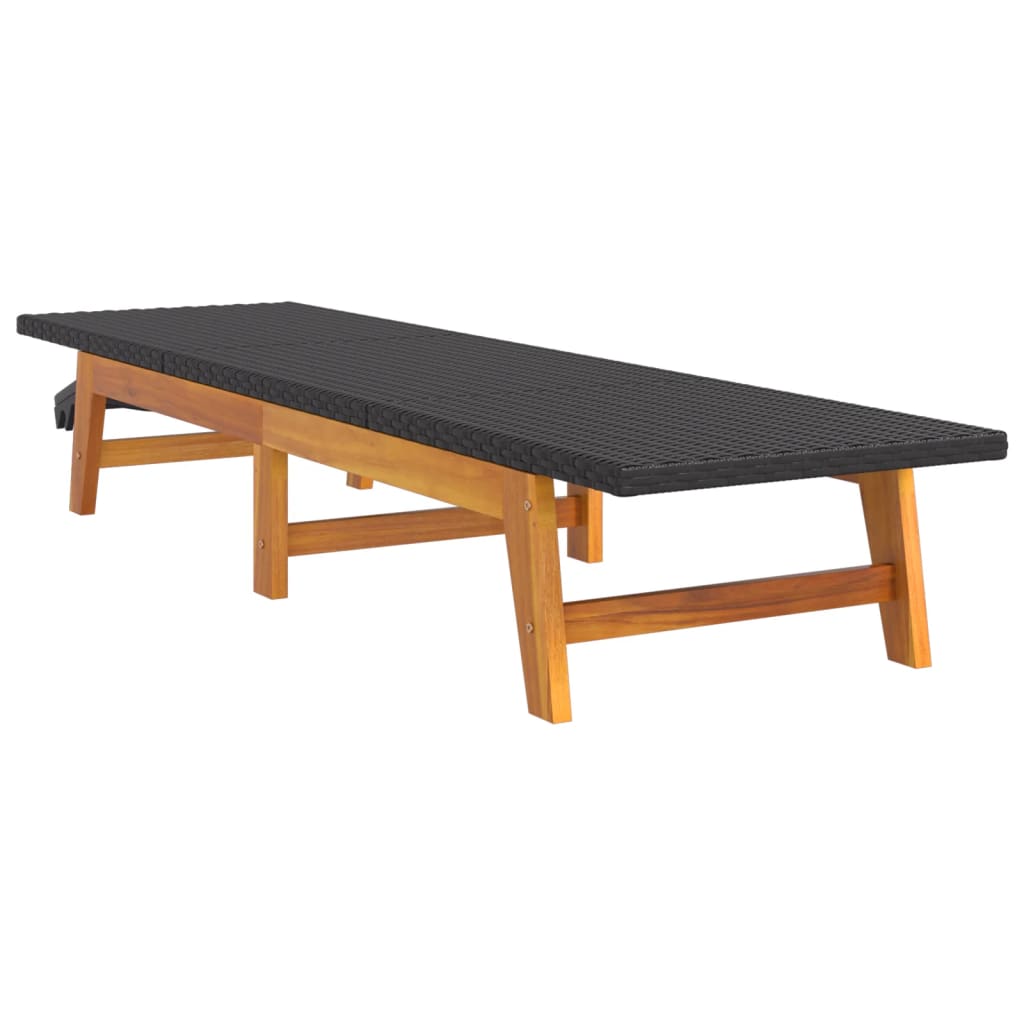 Sun Lounger in Black and Brown Poly Rattan & Solid Acacia Wood