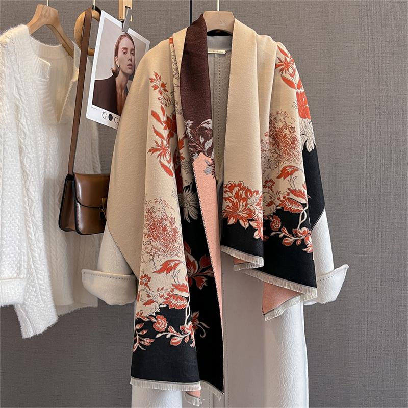 Winter New Luxury Two-Sided Faux Cashmere Scarf Women Floral Print Outdoor Warm Thick Shawl Soft Muffler Neckerchief