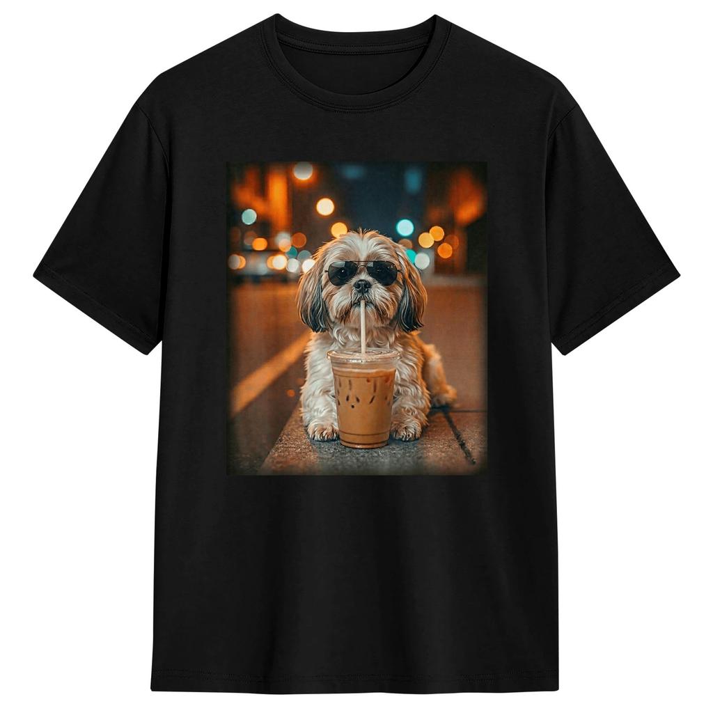 Funny Shih Tzu Drinking Iced Coffee Tshirt Summer Cotton Tshirts For Unisex Design Tshirt Short Sleeve Y2k Casual Clothing