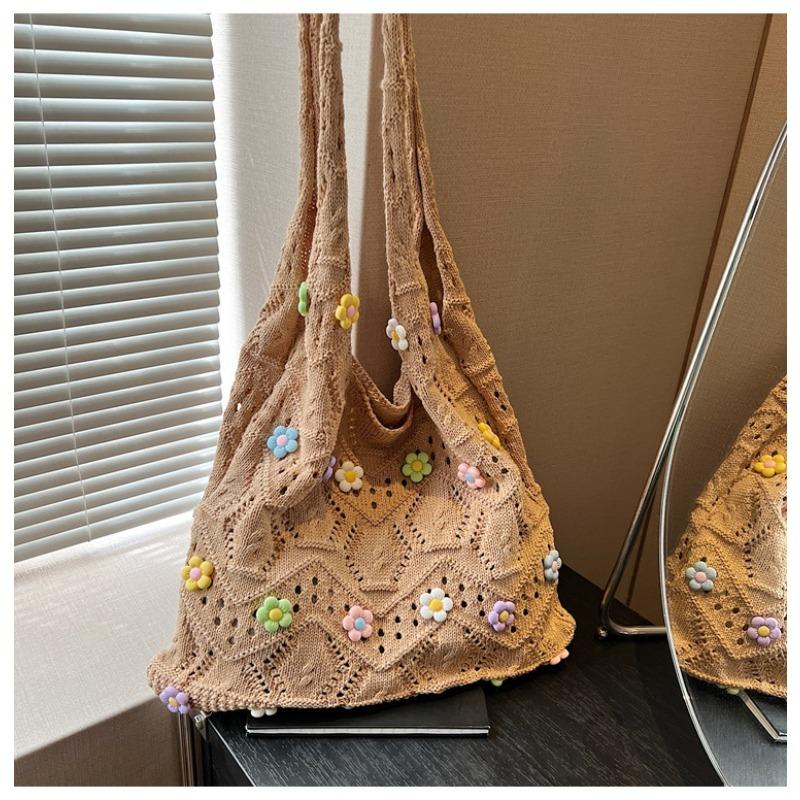 Новая вместительная сумка-шоппер через плечо, модная сумка-ведро с жемчугом, повседневная простая вязаная сумка для женщин