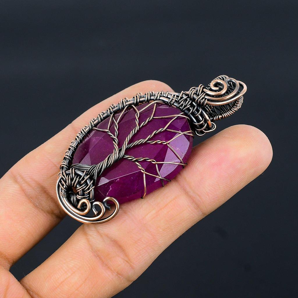 Рубиновый кулон Ювелирные изделия из драгоценных камней, Кулон ручной работы, обернутый медной проволокой 999 пробы, Ювелирные изделия новейшего дизайна