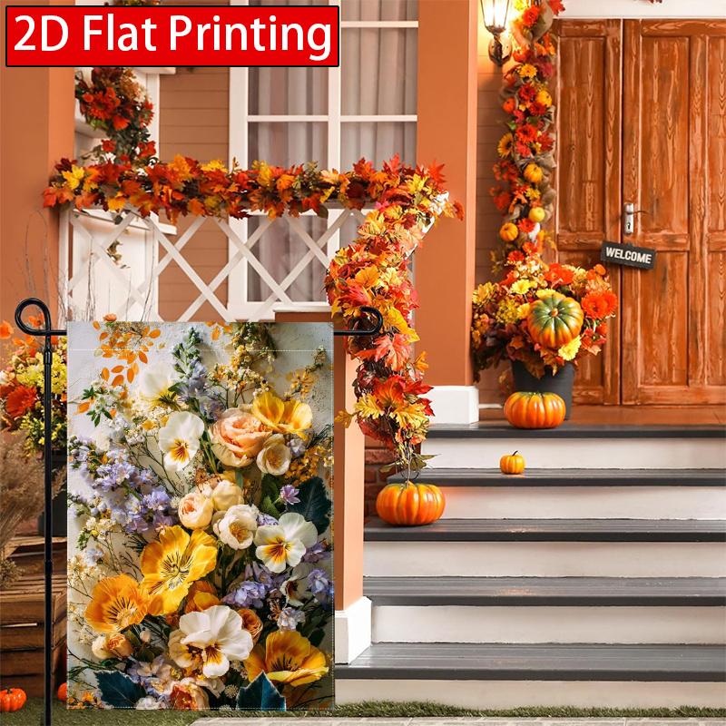 2D Flat, 2D Flat Autumn Flowers Thanksgiving Garden Flag_3-28x40 Inch Outdoor Garden Flag Double-sided Home Decoration Courtyard Decoration Outdoor De