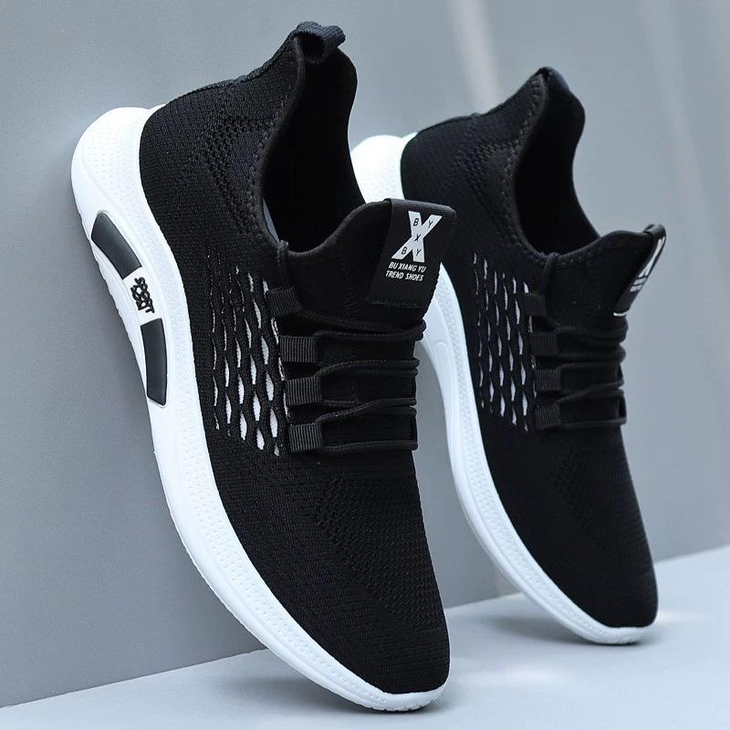 2025 Spring/Summer Men's Korean Style Breathable Running Sneakers - Trendy, Thick-Soled, Mesh, Flyknit Design