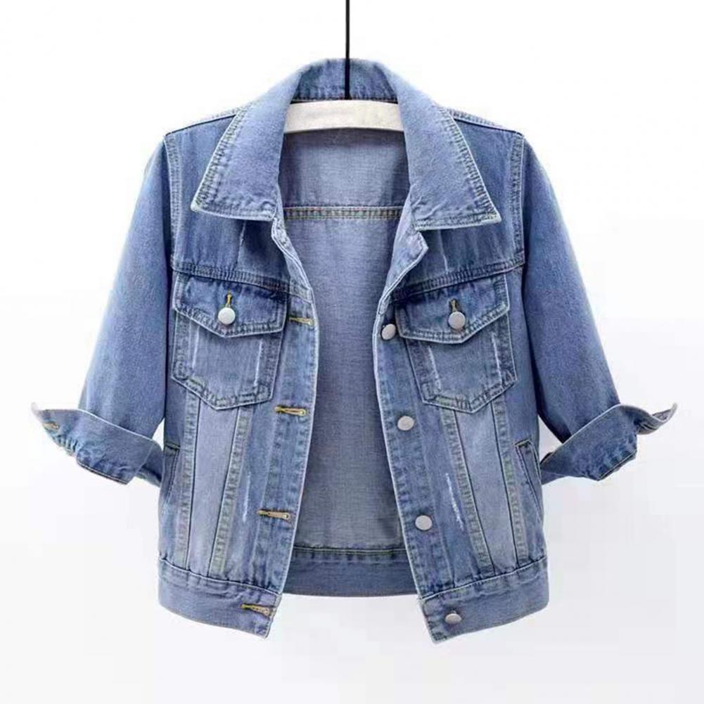 Women Denim Jacket Lapel Flap Pockets Denim Coat Single Breasted Casual Short Coat Lady Outerwear Plus Size