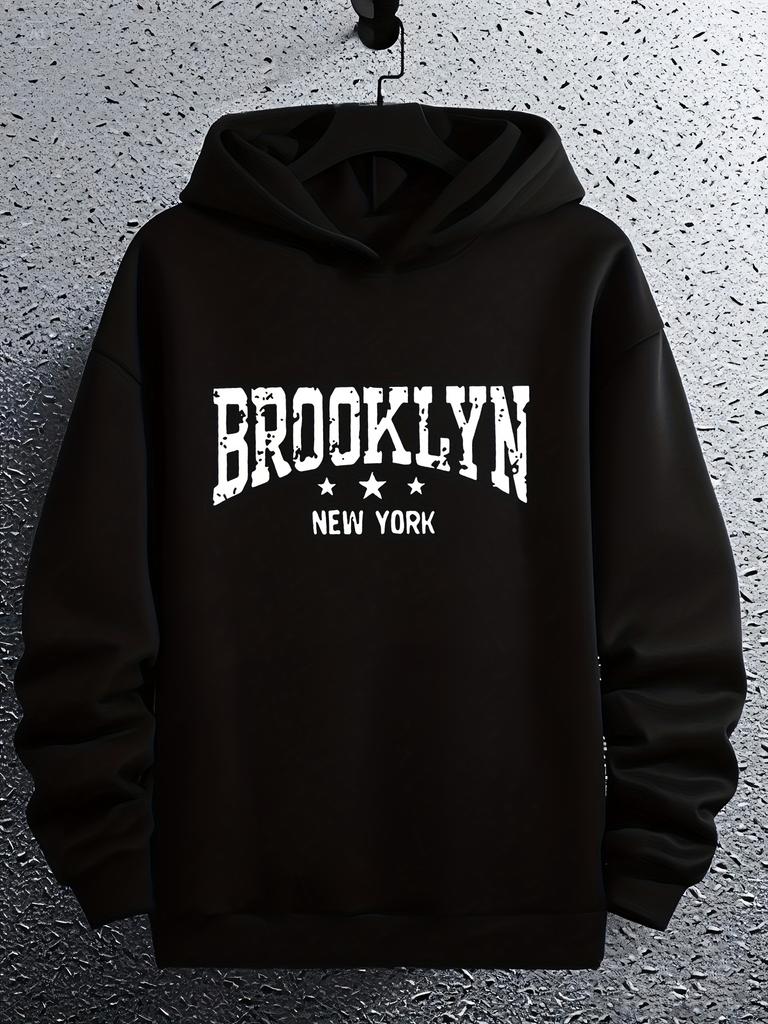 Brooklyn New York Graphic Hoodie - Casual Black Pullover with Distressed White Lettering