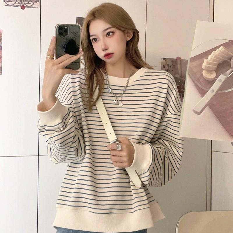 Womens Loose Fit Striped Long Sleeve Pullover Sweatshirt Casual Top