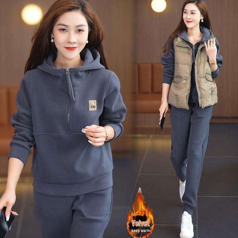 Женский спортивный костюм в стиле знаменитостей с флисовой подкладкой - Осень/Зима 2025 Комплект из двух предметов