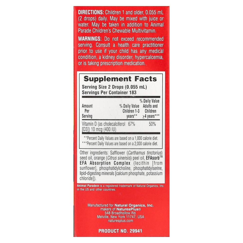 Nature's Plus Animal Parade Vitamin D3 Drops, Orange Flavor, 400 IU, 10ml (0.34oz)
