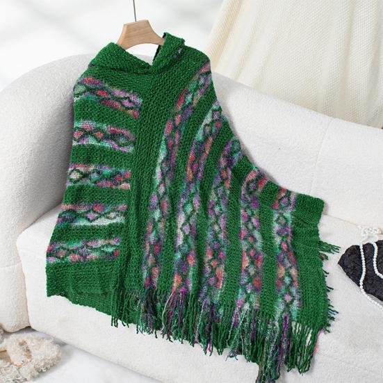 Женский свитер-пуловер с капюшоном, рукав «летучая мышь», с кисточками, вязаная накидка, разноцветная, полосатая, асимметричная