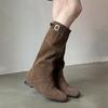 Сапоги на меху женские плоские французские ретро тонкие средней длины универсальные ленивый ветер но сапоги до колена модные сапоги женские