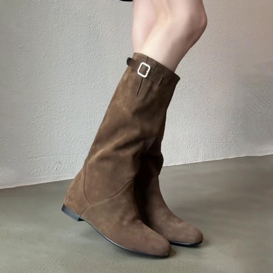 Сапоги на меху женские плоские французские ретро тонкие средней длины универсальные ленивый ветер но сапоги до колена модные сапоги женские