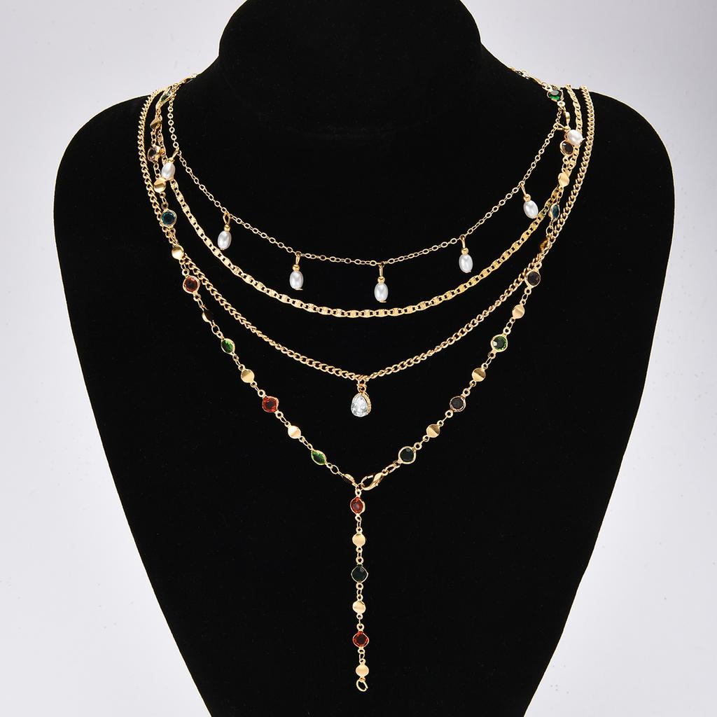 4 Pcs Simple Zircon Pearl Design Pendant Choker Necklace Set for Women Vintage Colorful Crystal Long Y-shaped Necklaces Jewelry