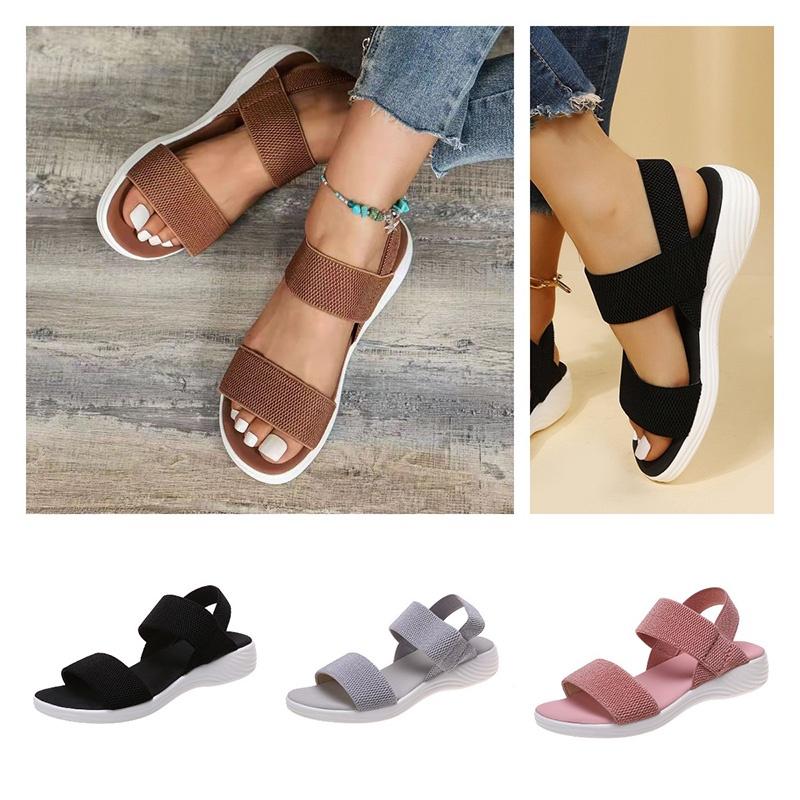 Summer Large Size Women's Shoes Casual Elastic Flat Sandals With Back Strap Fly Knitted Polyurethane Characters)