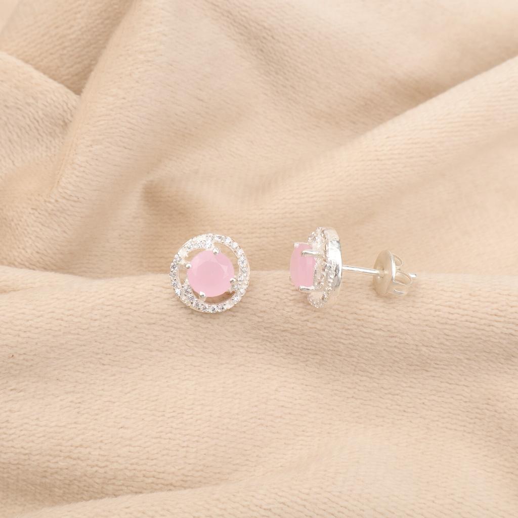 Rose Chalcedony Gemstone 925 Sterling Silver Jewelry Zircon Small Studs 0.41" CZE-8-14