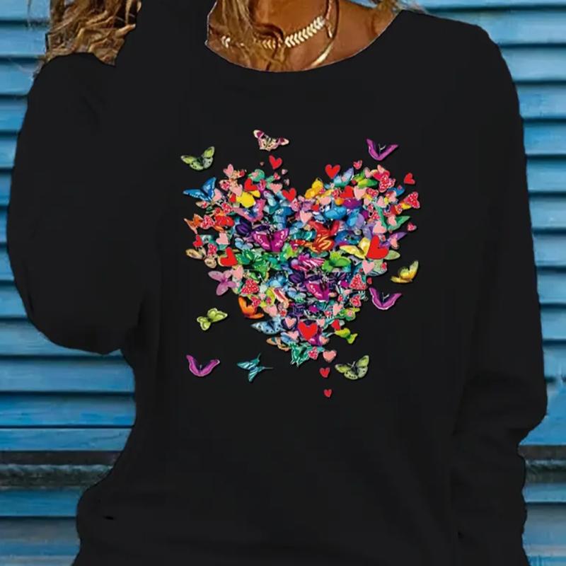 Топы для женщин с принтом в виде летящей бабочки, круглым вырезом и длинным рукавом, футболка на осень, облегающий женский топ с длинным рукавом