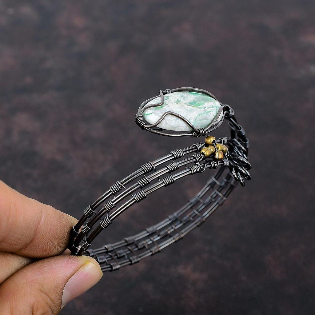 Варисцитовый браслет-манжета, обмотанный медной проволокой, ручной работы, браслет-манжета с драгоценным камнем, медные украшения, регулируемый браслет для подарка, украшения из проволоки