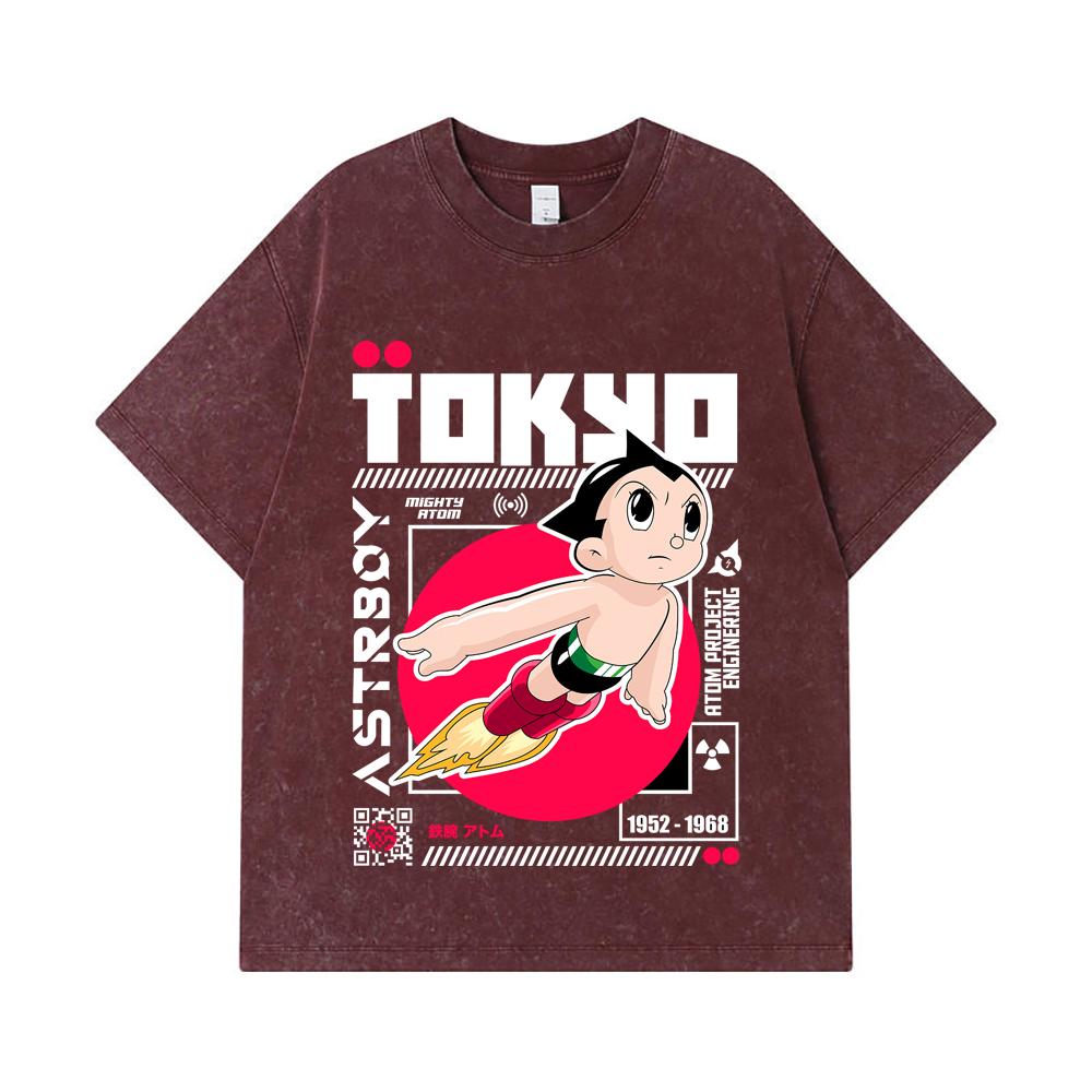 Стиранные футболки 275 г/м² 100% Хлопок Принт Astro Boy V2 Унисекс Тяжелая хлопковая футболка
