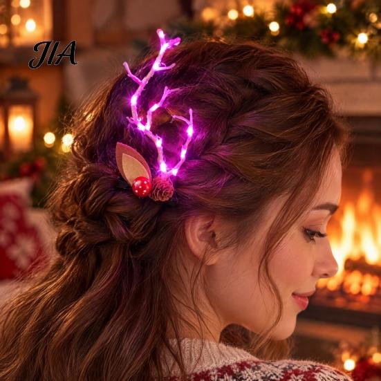Lighted Xmas Party Supplies 1 Pair LED Christmas Antler Headwear for Women Girls, Glowing Elk Horn Hair Sparkling Winter Celebration Headpiece
