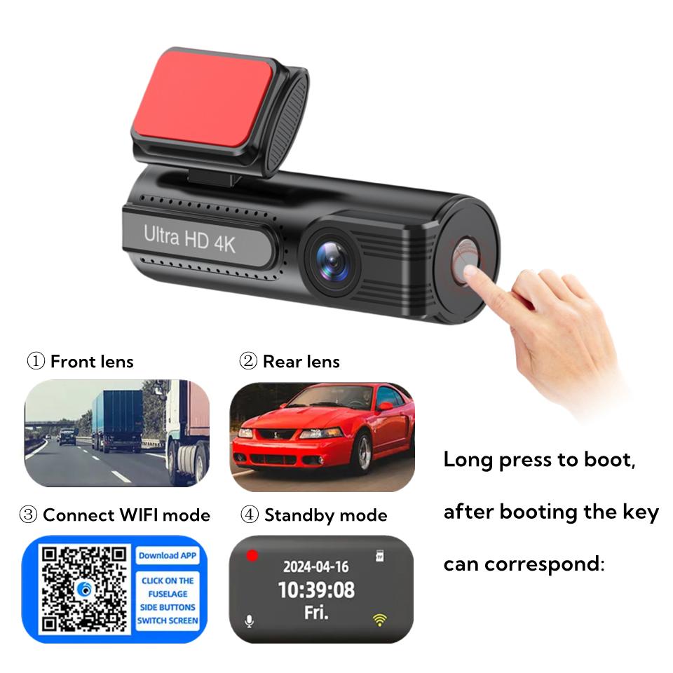 Dash Cam 4K Camera Driving Recorder 1080P Rear Camera Supports GPS WIFI 24H Parking Night Vision Monitoring Black Box