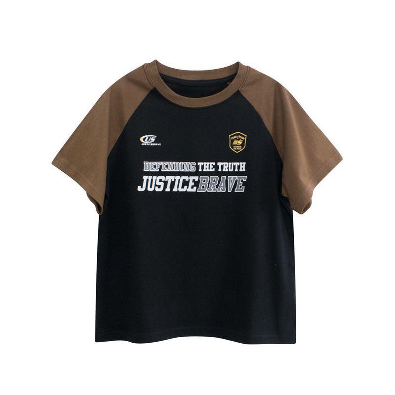 Summer Boys' Color-Blocked Short-Sleeve T-Shirt, Medium and Large Children's Clothing for Boys and Young Adults, Letter Print Half-Sleeve Base Shirt