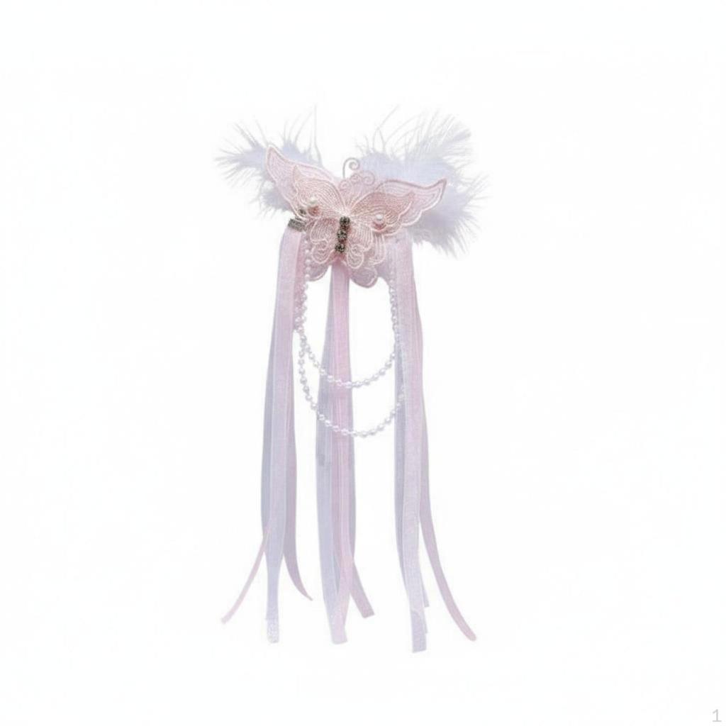 Butterfly Feather Hair Clip Pearl Chain Detail Ancient Design Barrette Traditional Chinese