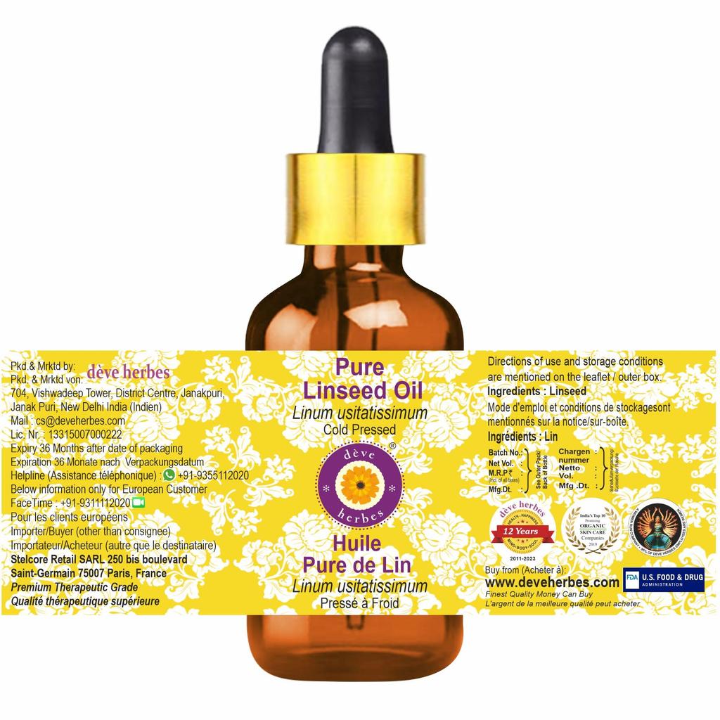 Масло льняное Deve Herbes Pure (Linum usitatissimum) со стеклянной пипеткой | Холодного отжима | Натуральное | Неразбавленное | Для разбавления эфирных масел | Для ухода за кожей