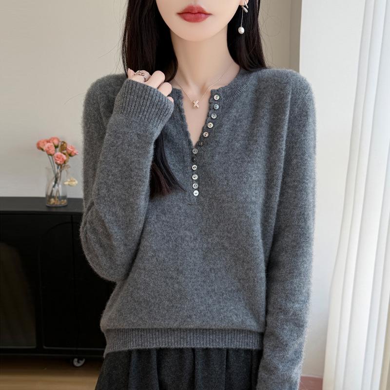 2026 Autumn Winter Women's V-Neck Long Sleeve Knit Wool Sweater, Loose Fit, Plus Size