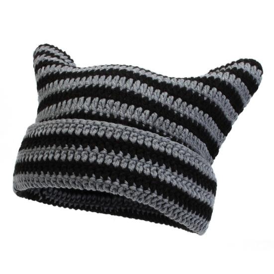 Autumn Winter Outdoor Warm Knitting Caps Cute Striped Cat Ear Hat No Brim Thickened Stretchy Yarn Knitted Beanie Hat