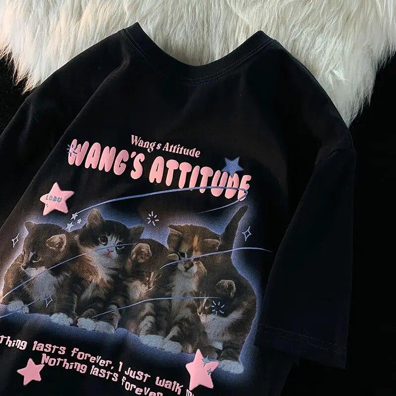 Хлопковая летняя футболка с короткими рукавами и милым котом, женский милый студенческий топ с половиной рукавов в японском стиле ретро, ​​топ Ins Y2k, футболка