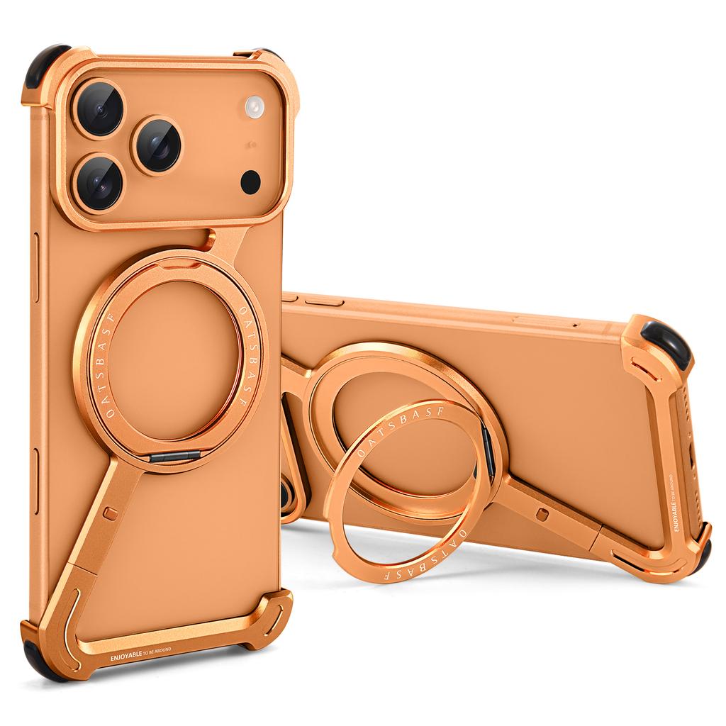 Oatsbasf Безрамочный металлический чехол для телефона для IPhone 17 Pro/Pro Max/17 Air с подставкой 360° вращающийся Magsafe Защитный Ударопрочный