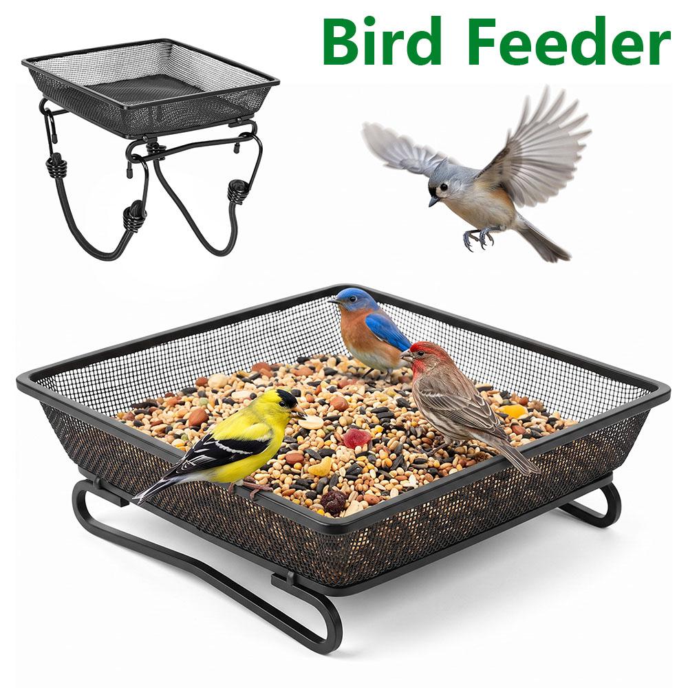 Railing Bird Feeder Metal Mesh Bird Feeding Tray with 2 Elastic Securing Cord Platform Wild Bird Feeder for Outdoor Garden Patio