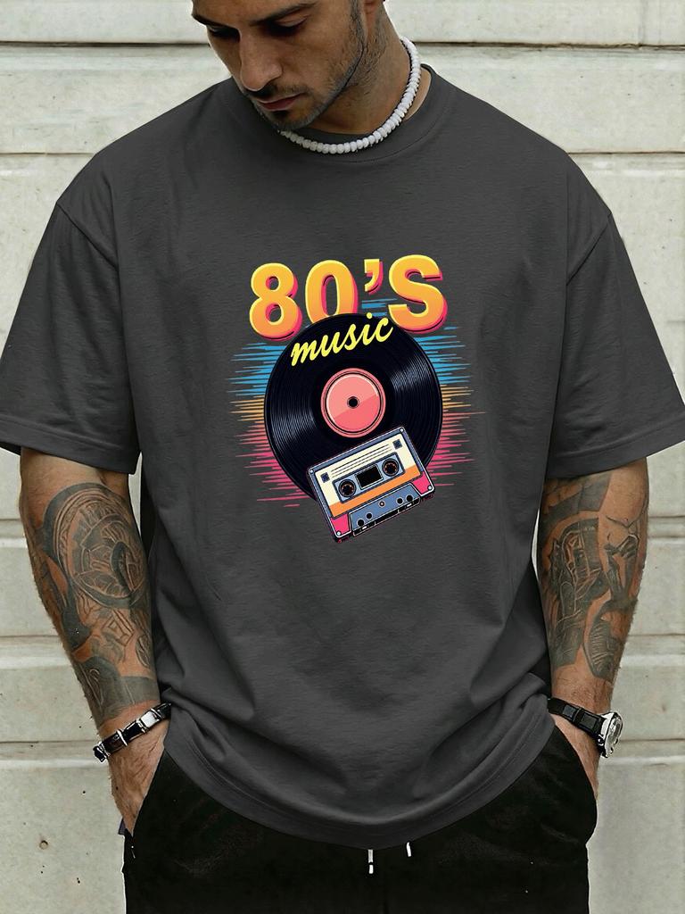 Vintage Retro 80s Music Vinyl Cassette Art Front Graphic Print Unisexs Crew Neck Short Sleeve Tee Casual Daily Soft Basic Wear Top