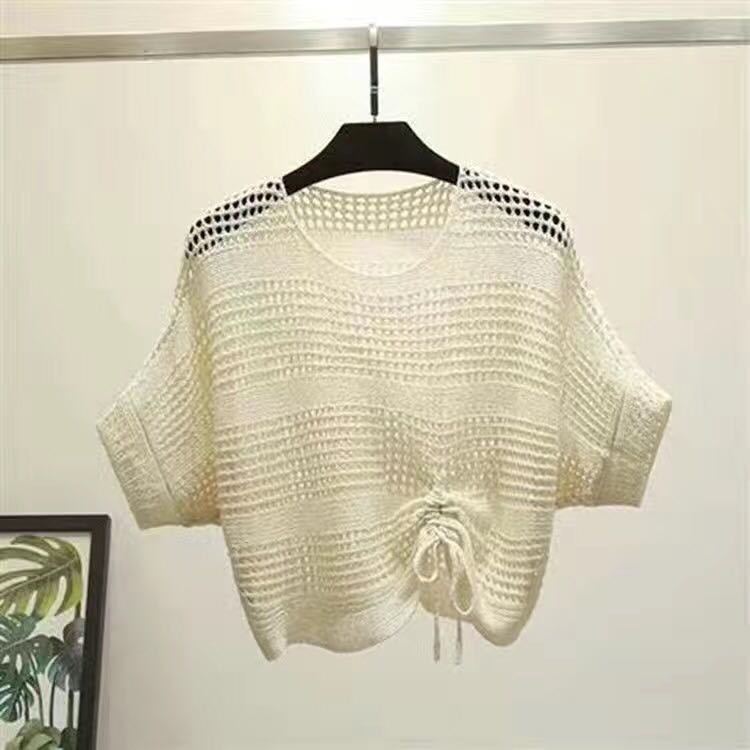 Вязаная женская летняя накидка с короткими рукавами в Корейском стиле, свободный короткий пуловер на шнурке, сетчатая рубашка