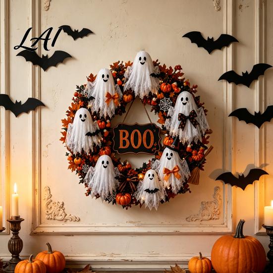 Harvest Seasonal Decor Halloween Boo Ghost Wreath Spooky Door Hanging Decoration with Pumpkins Artificial Fabric Wreath And Spider Webs for