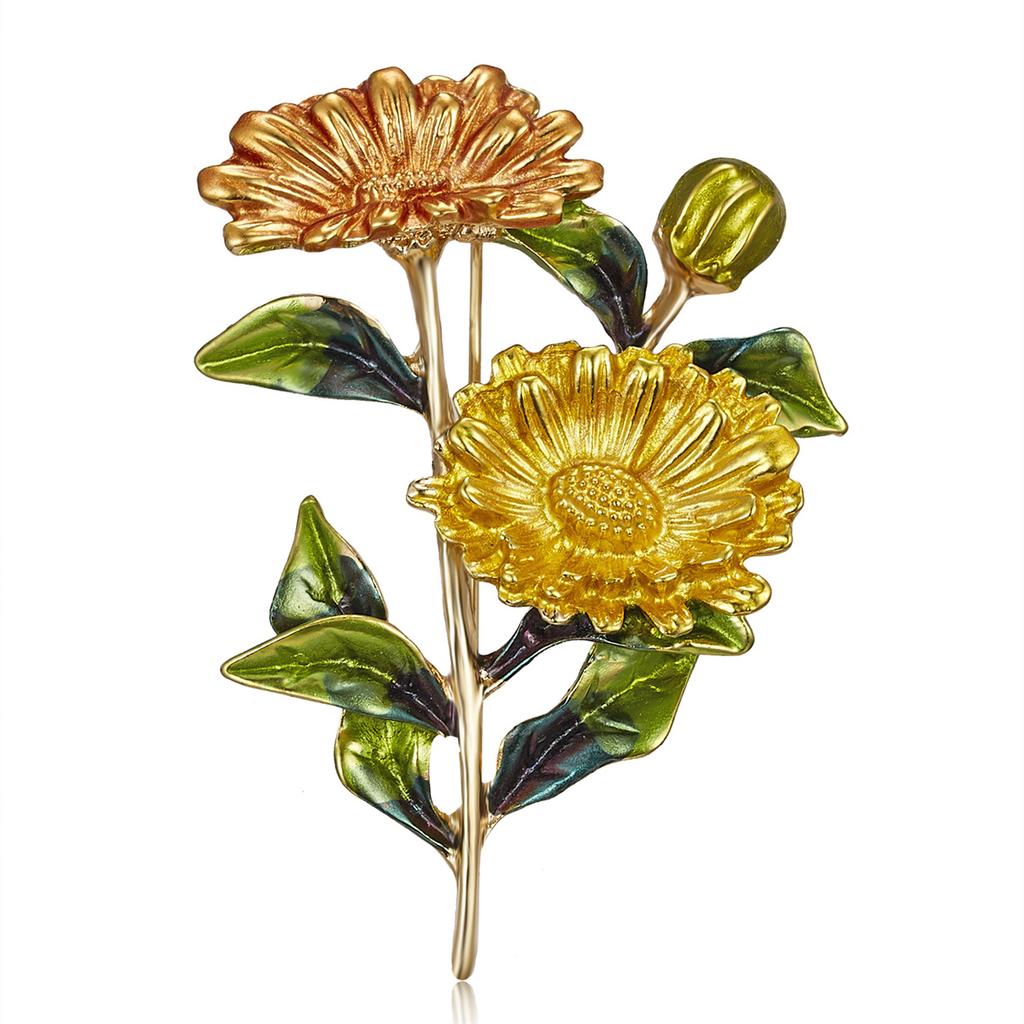 Rinhoo Elegant Daisy Flower Brooches For Women Fashion Sunflower Leaves Enamel Pins Floral Bouquet Badge Wedding Party Jewelry