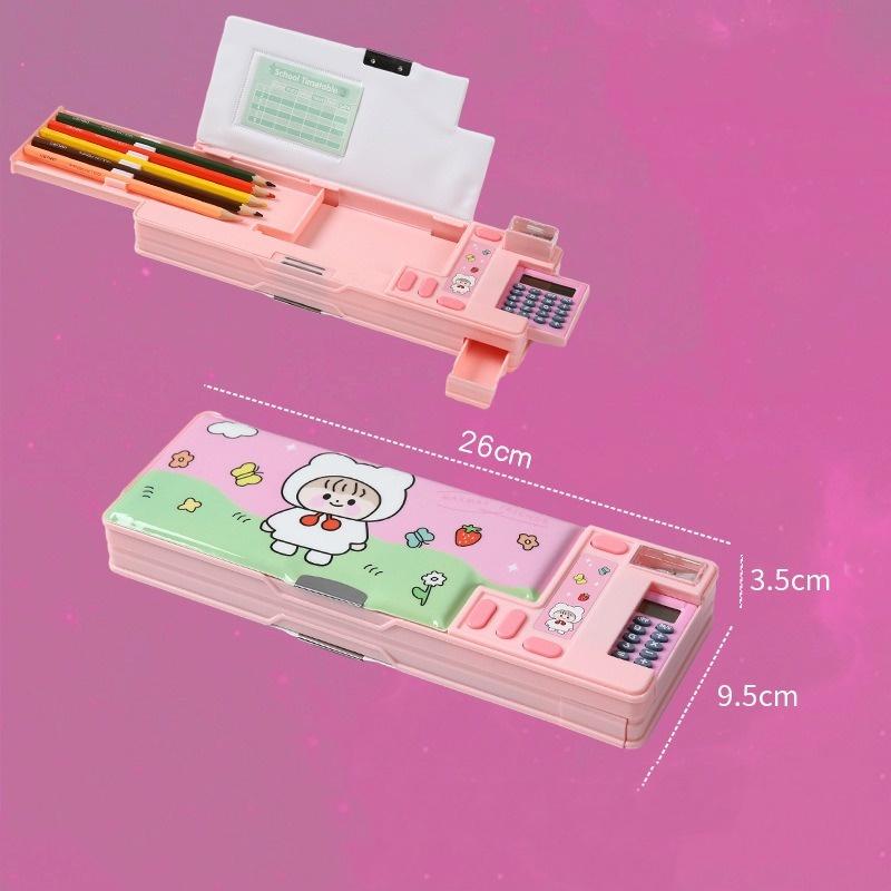 Creative Multi-functional Plastic Stationery Box with Calculator Double-sided Magnetic Creative Pencil Case for School Students