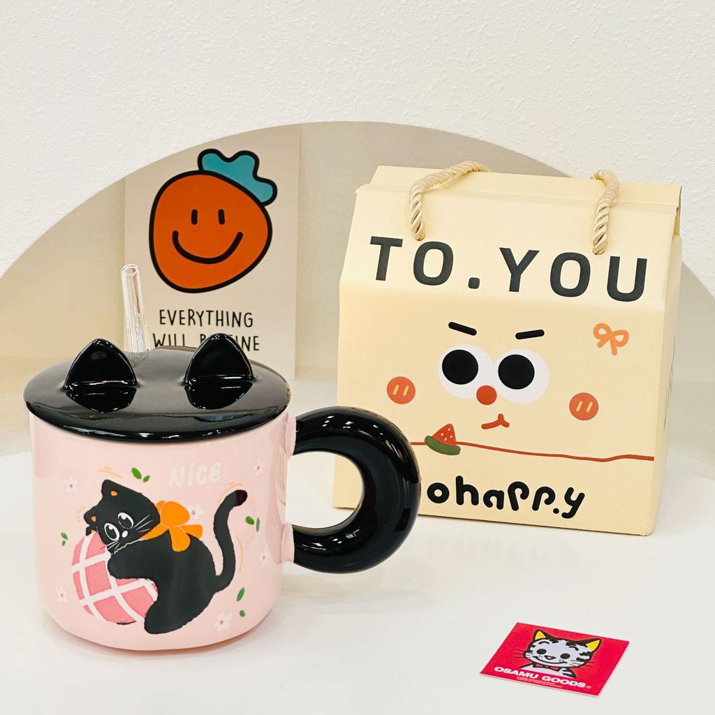 Рельефный котенок с крышкой, милый, высокий, девочка, керамический набор чашек, соломенная чашка, мультяшная кружка, открывающаяся в подарок