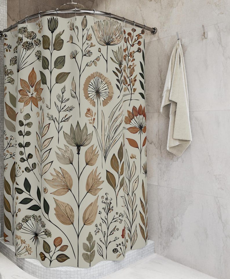 Earthy Botanical Shower Curtain - Delicate Wildflowers & Foliage, Harmonious Pattern