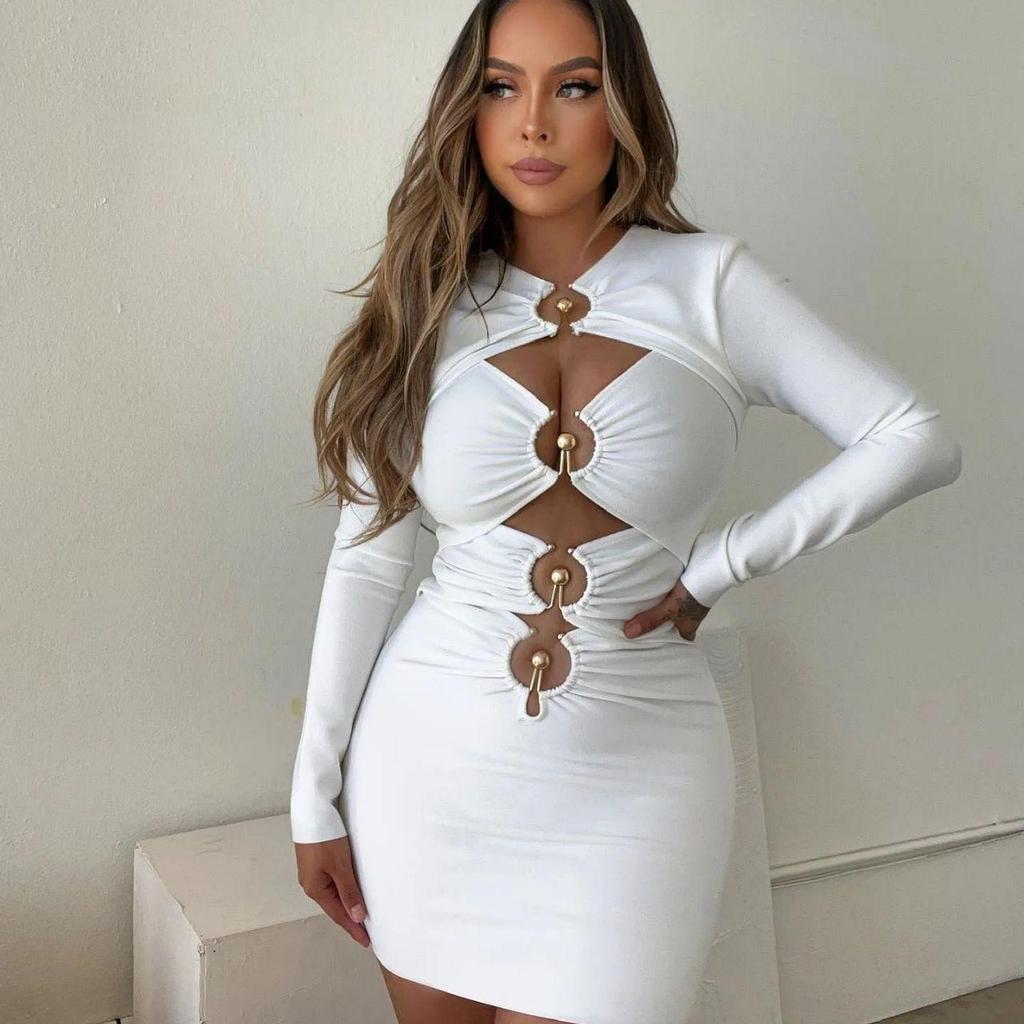 2023 Европейский и американский стиль Полый дизайн Кроп-топ Платье-бандаж - Вечернее платье бодикон с длинным рукавом для женщин
