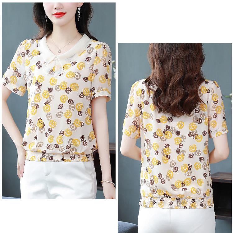 Новая летняя шифоновая рубашка с коротким рукавом, кукольный вырез, лоскутный топ с цветочным принтом, женская свободная блузка для матери, M-5XL