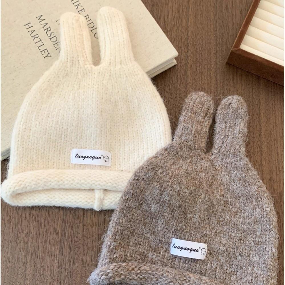 Soft Knitted Kids Pullover Hat Rolled Edge Rabbit Ear Knit Hat Cute Baby Beanie  For Boys Girls