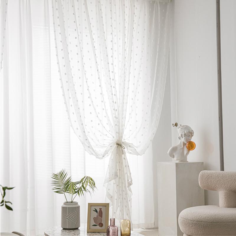 Korean Cute White Pom Pom Embroidered Tulle Curtain For Living Room Children's Room Retro Plush Dots Kitchen Short Sheer Panel