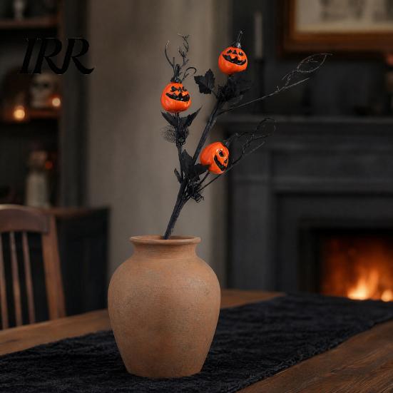 Simulated Pumpkin with Leaves Artificial Stems, Halloween Black Branch Maple Leaves, Fake Party Table Decoration Gothic Floral Arrangement